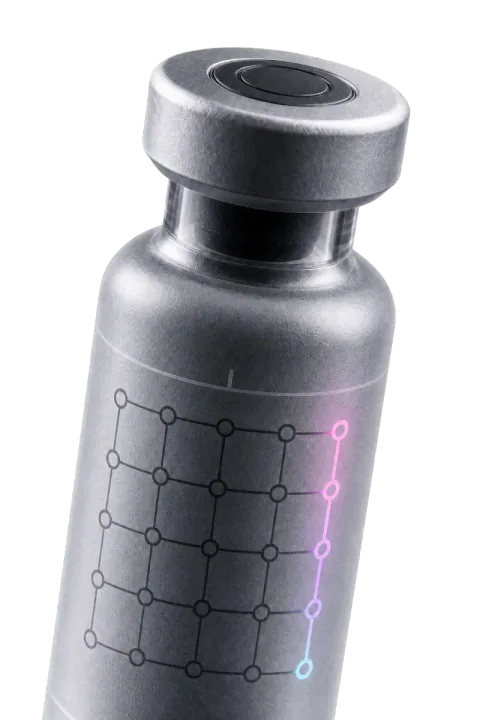 Macro detail of the MONARCH frosted peptide vial and its 25-node research grid